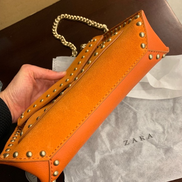 Zara Orange Suede Leather bag with gold chain - Picture 6 of 11